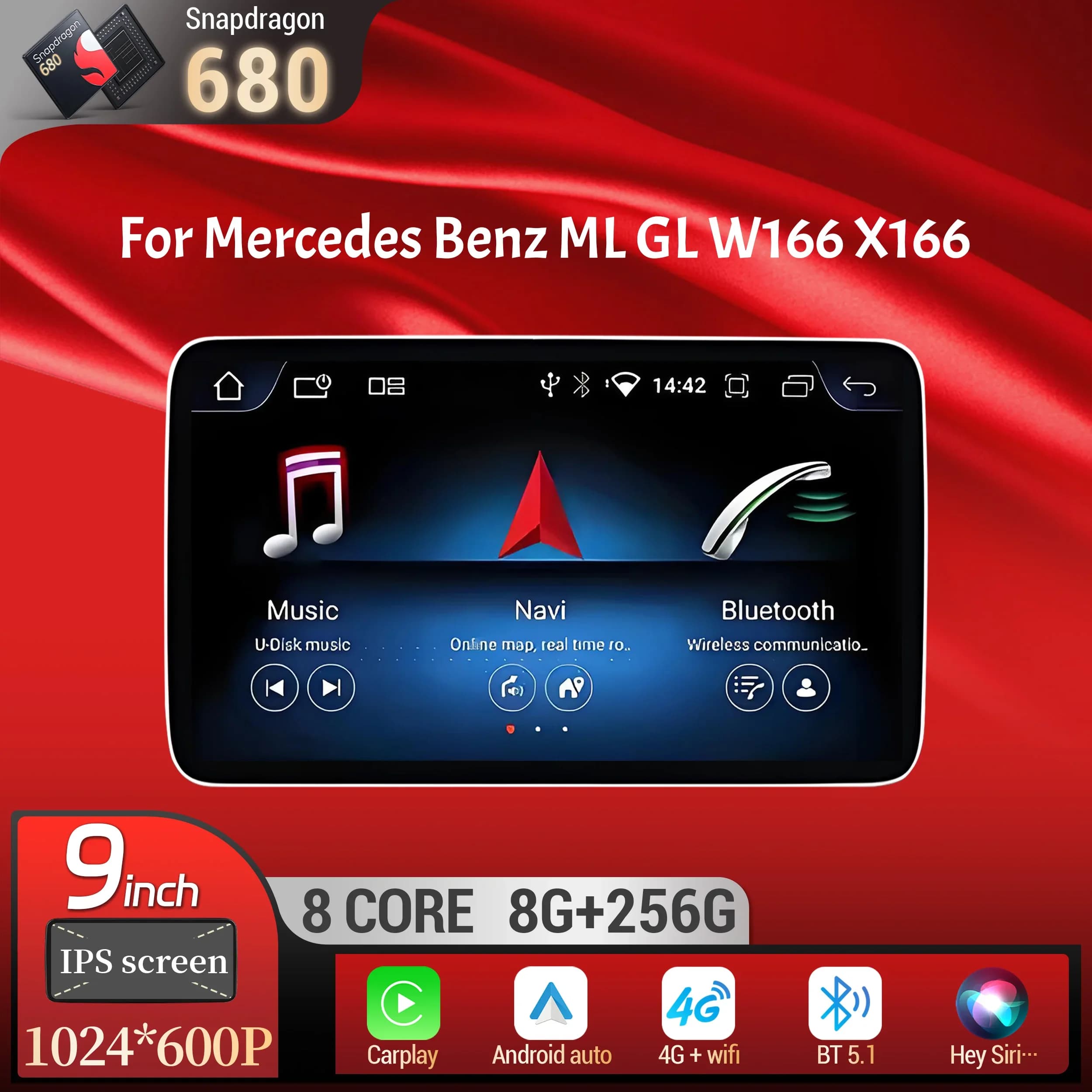 9 inch Android 13 For Mercedes Benz ML GL W166 X166 Wireless Bluetooth Carplay Head Unit Qualcomm Snapdragon 680 Screen Stereo