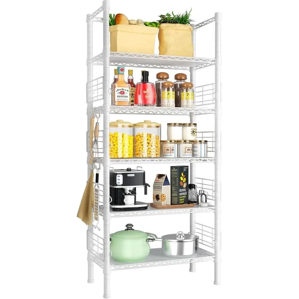 Scaffale in Metallo, Organizzatore a Ripiani per Cucina, Bagno, Soggiorno, Balcone e Garage, 5 Ripiani Stretti