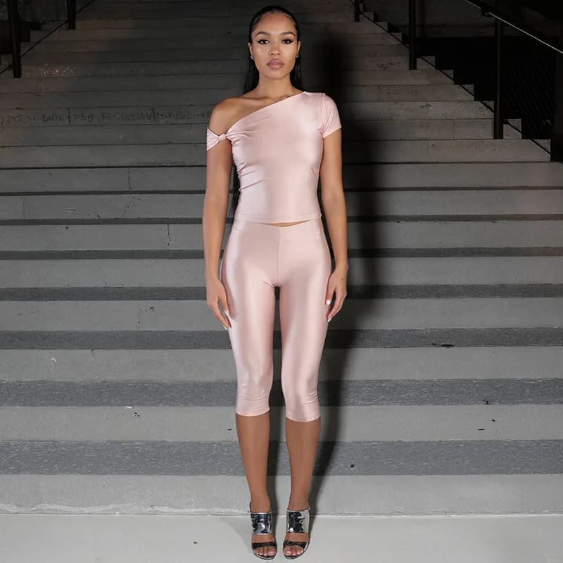 Women Solid Shiny Slim 2 Piece Set Knot Inclined Shoulder Short Sleeve Crop Top + Skinny Calf-lengt Pants Casual Streetwear Suit