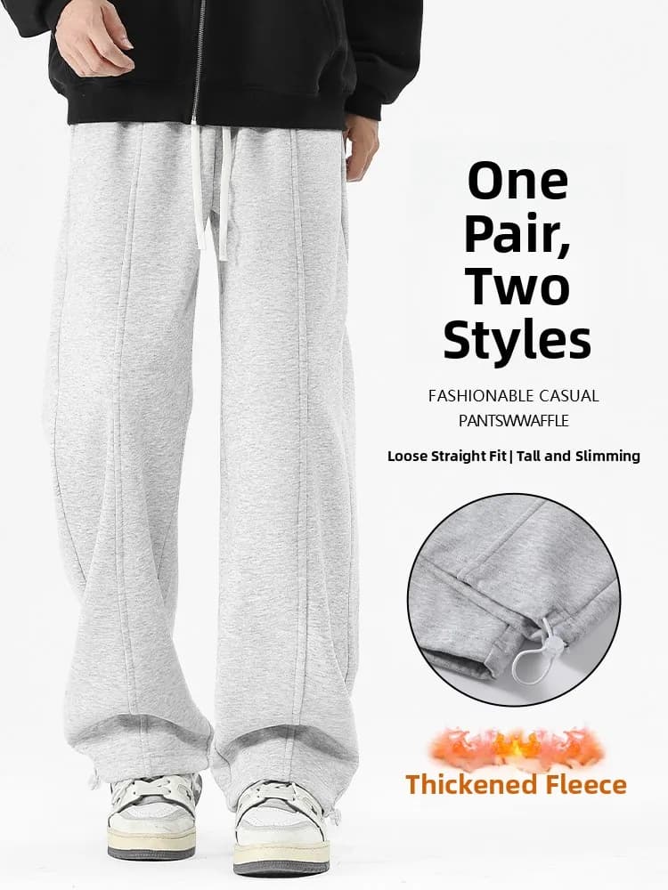 Men's Fce Lined Casual Pants Warm Wide Leg Straight Cut Trousers Dstring Sports Pants Trendy Design Loose Fit Winter Wear