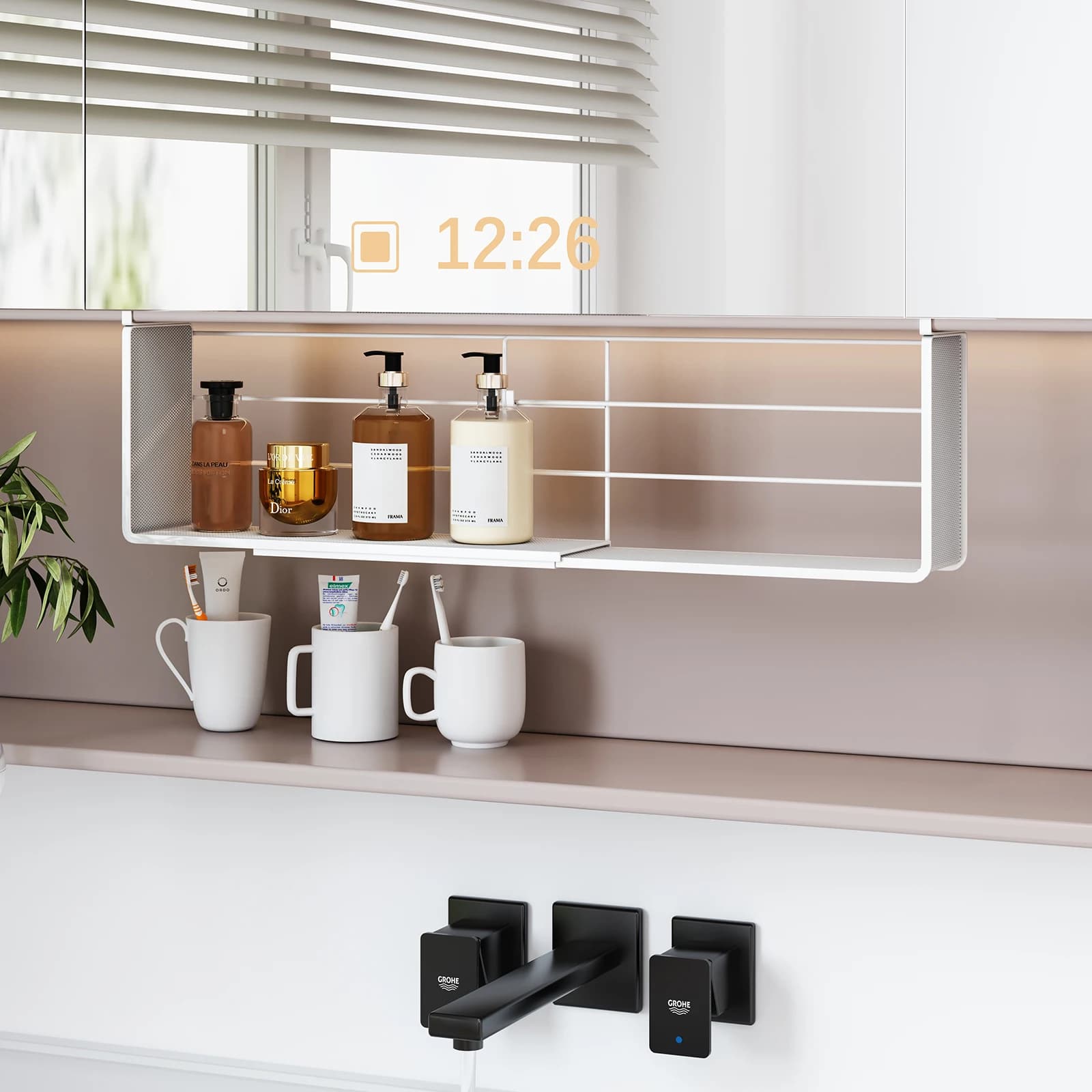 Mirror Cabinet Storage Box with Layered Partitions, Hanging Basket, Bathroom Cabinet, Under-Cabinet Storage Rack, Bathroom Organizer