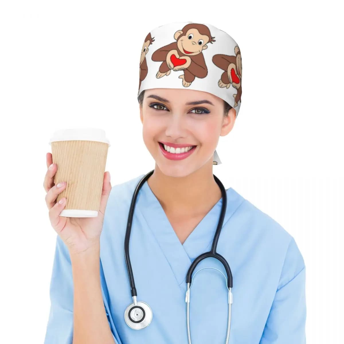 Curious George Is All Heart Scrub Hat Doctor Working Surgical Cap Unisex Adjustable Nursing Caps for Dentist