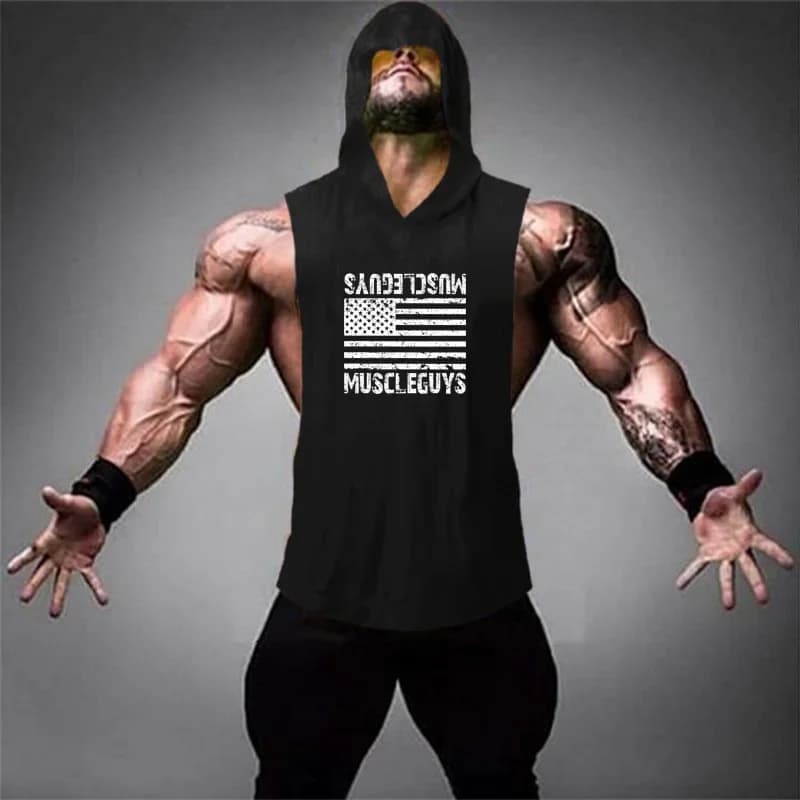 Felpa con Cappuccio Estiva da Uomo per Palestra e Sport in Cotone, Nuova Stampa Bandiera Americana, per Bodybuilding, Fitness e Allenamento