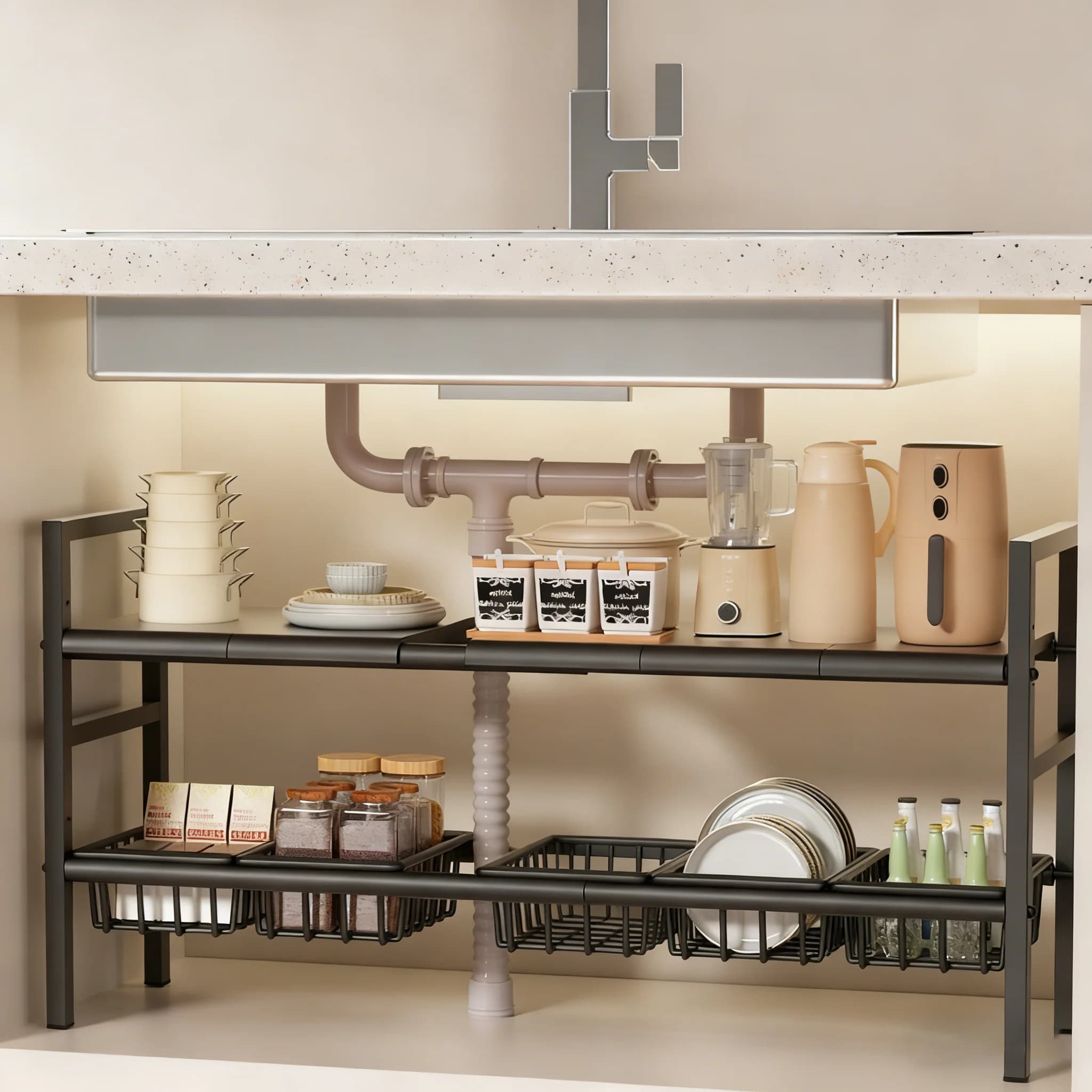 Under-Sink Kitchen Storage Rack/Shelf, Extendable, Single/Double Layer Storage Solution, Made of Steel, Perfect for Kitchen Use, Ideal for Laundry Rooms, under the Sink, Maximizes Space, Easily Stores Various Bottles and Spices, Simple Modern Style