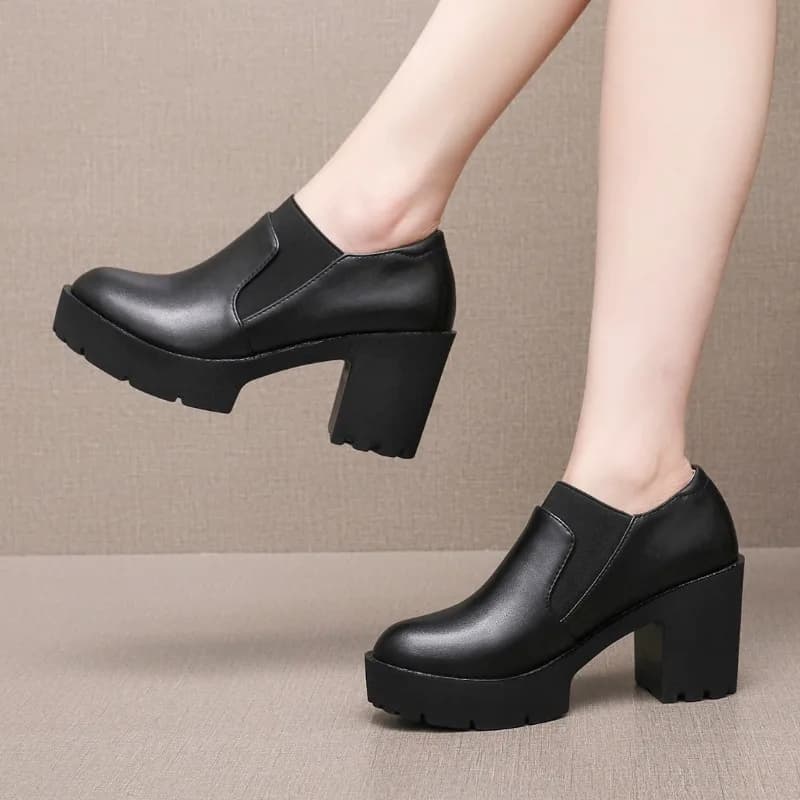 8 cm small size 32-43 thick heels pumps with plateau woman 2025 autumn shoe black leather high heels wedges for feet model office mom