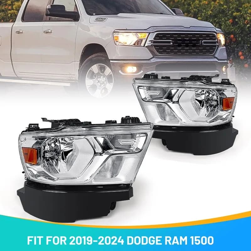 Coppia di fari alogeni cromati per Dodge RAM 1500 2019-2024, faro sinistro e destro