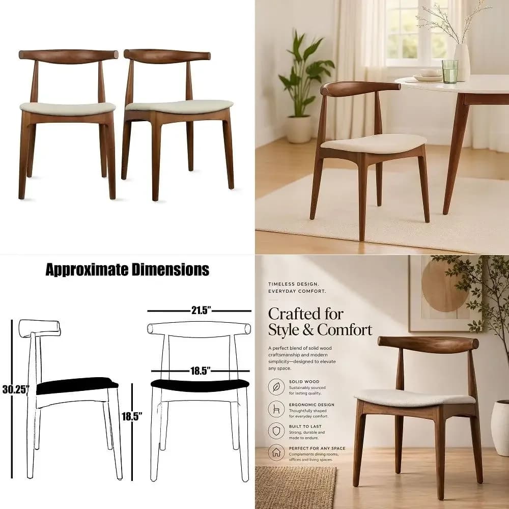 Set of 2 Solid Wooden Dining Chairs Upholstered Beige Cloth Linen Cushioned Seat Modern Farmhouse Elbow Side Chair Home, Kitche