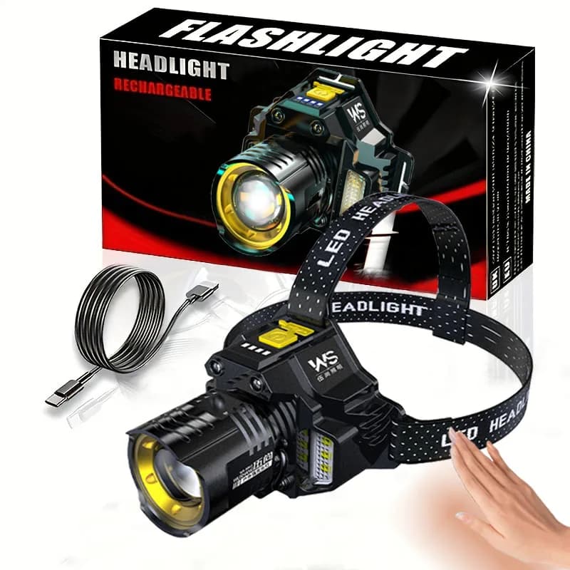 Lampada frontale con sensore Torcia frontale a LED COB Torcia frontale ricaricabile Batteria incorporata Lanterna da campeggio per pesca