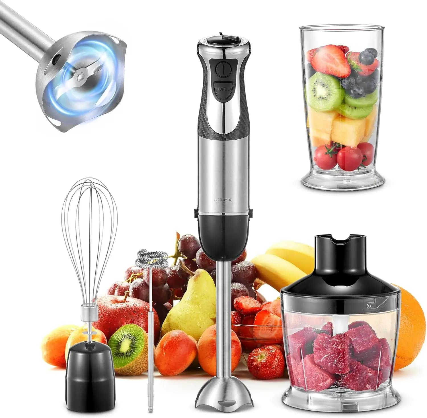 Frullatore a Immersione da 1000W, 5-in-1 in Acciaio Inox con Frusta e Montalatte per Frullati e Pappe