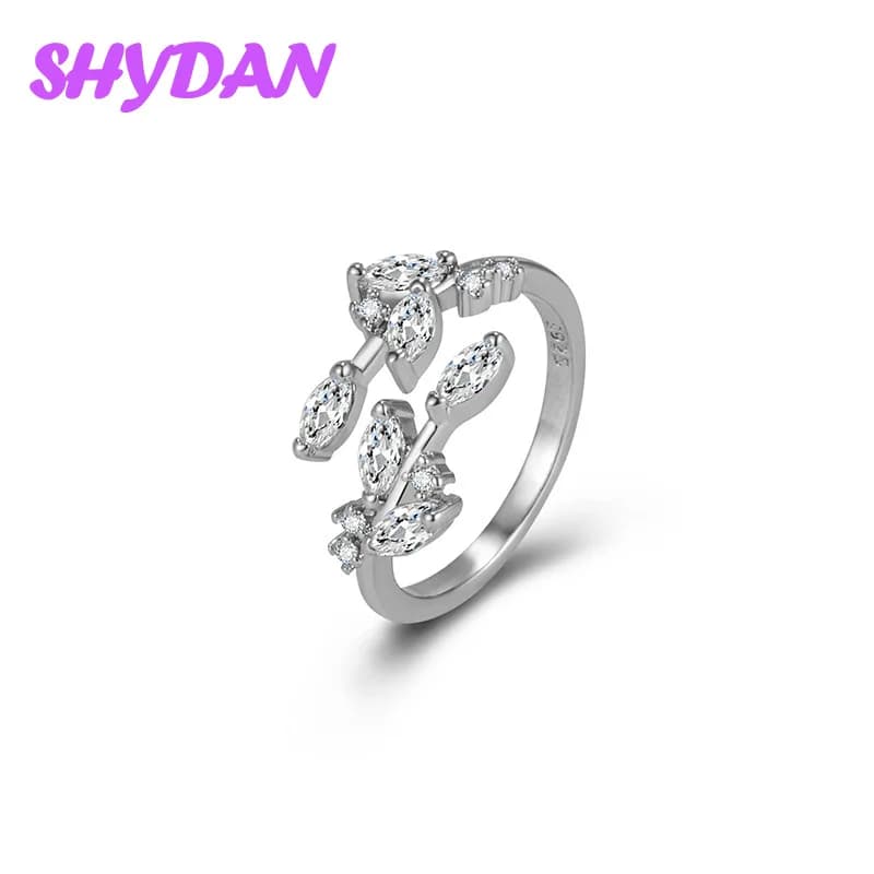 SHYDAN 925 Sterling Silver Leaf Cubic Zirconia Open Adjustable Rings For Women Fashion Jewelry