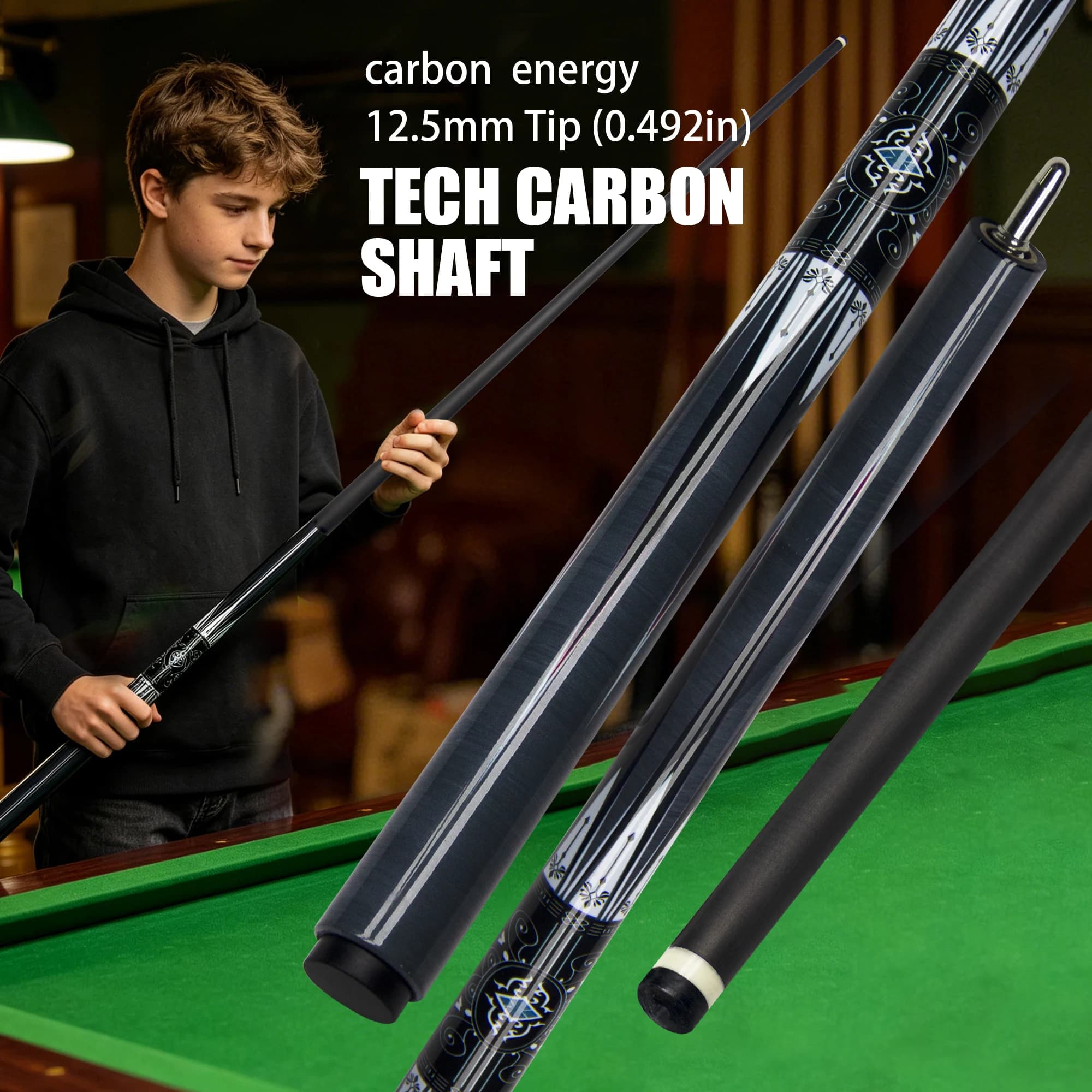 120cm/47.24in Starlight Grey Youth Adults pool cue 15ozLightweight Carbon Fiber shaft 12.5mmBilliard stick Perfect Birthday Gift