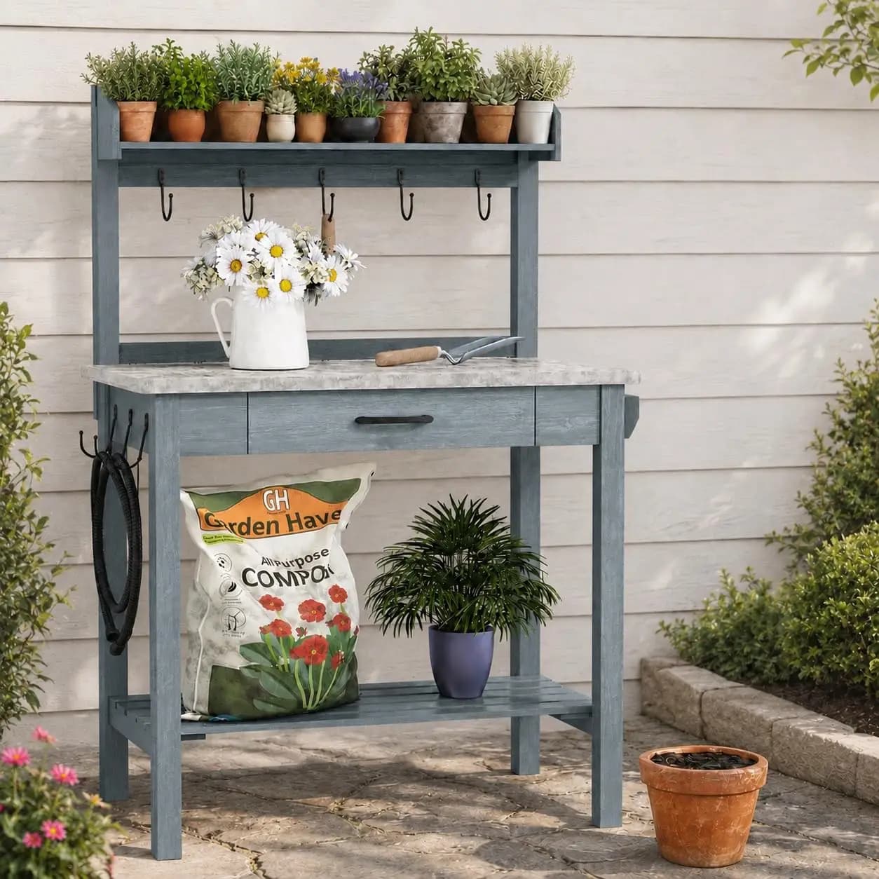 Outdoor Potting Bench Table with Metal Tabletop, Planting Table Potting Work Station with Storage Drawer and, Customized