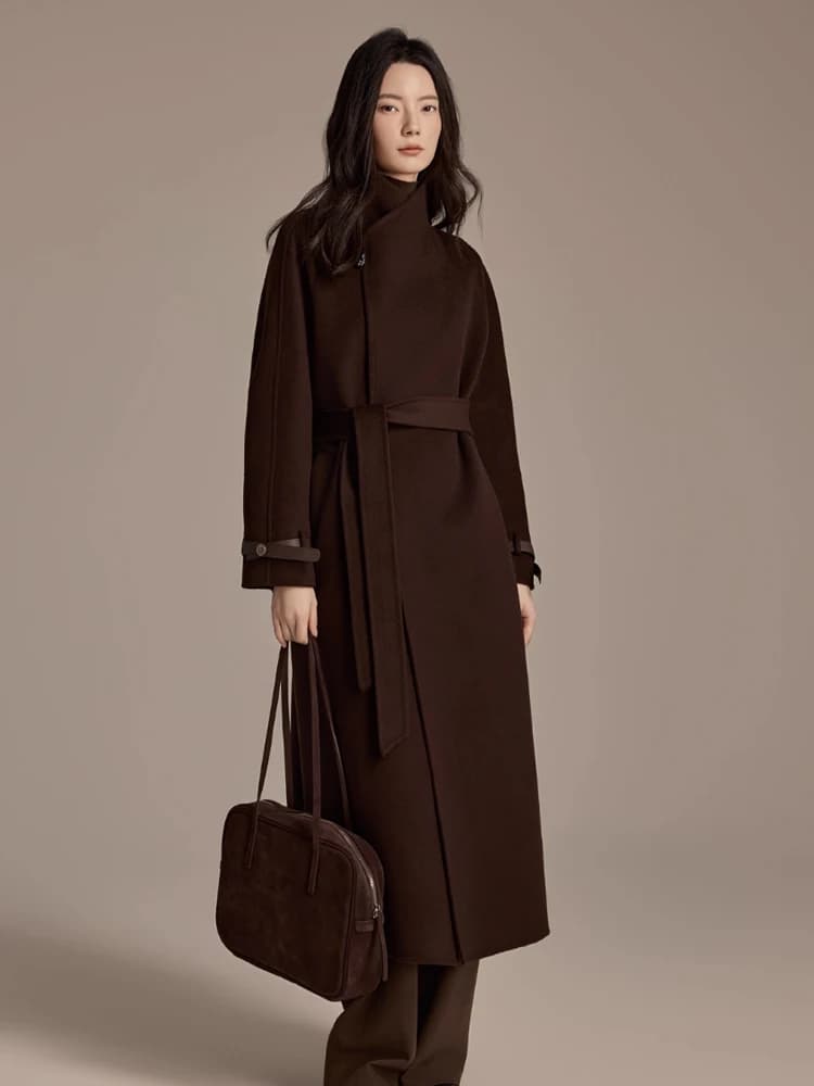 Elegante Cappotto in Lana Double Face da Donna, Collo Alto, in Cashmere, Nuovo per Autunno Inverno, Sensazione di Lusso, con Cintura, Giacca Esterna