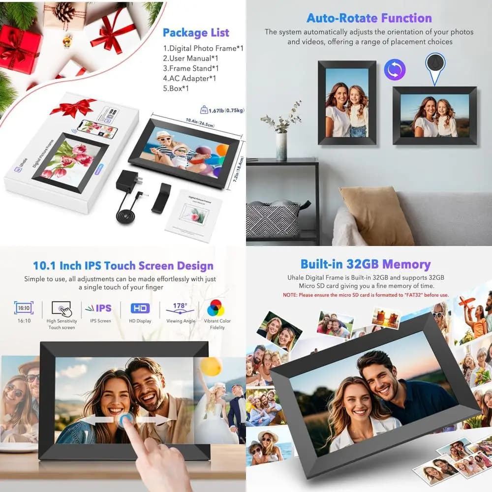 Cornice per foto digitali con touchscreen HD IPS 10.1, archiviazione da 32 GB, condividi foto e auguri da remoto