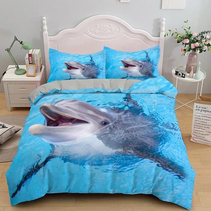 Set di biancheria da letto 3D Dolphin In Blue Sea Queen King Size Set copripiumino trapunta singola per animali Biancheria da letto in poliestere per letto per bambini e adulti
