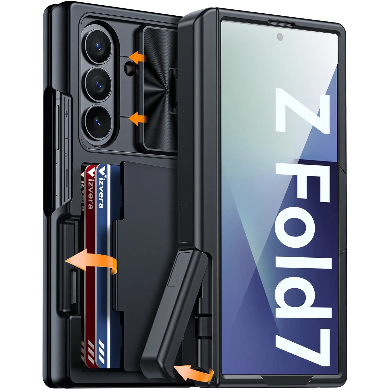 Custodia per Samsung Galaxy Z Fold 7, con porta carte RFID, supporto nascosto, copertura fotocamera, custodia a portafoglio in silicone antiurto - Nera