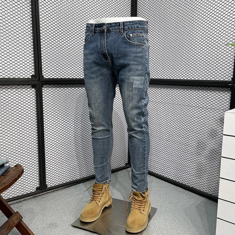 Jeans Elasticizzati Slim Fit alla Moda per Uomo, Pantaloni Lunghi Versatili e Giovanili con Stampa, Casual a Vita Media con Cerniera