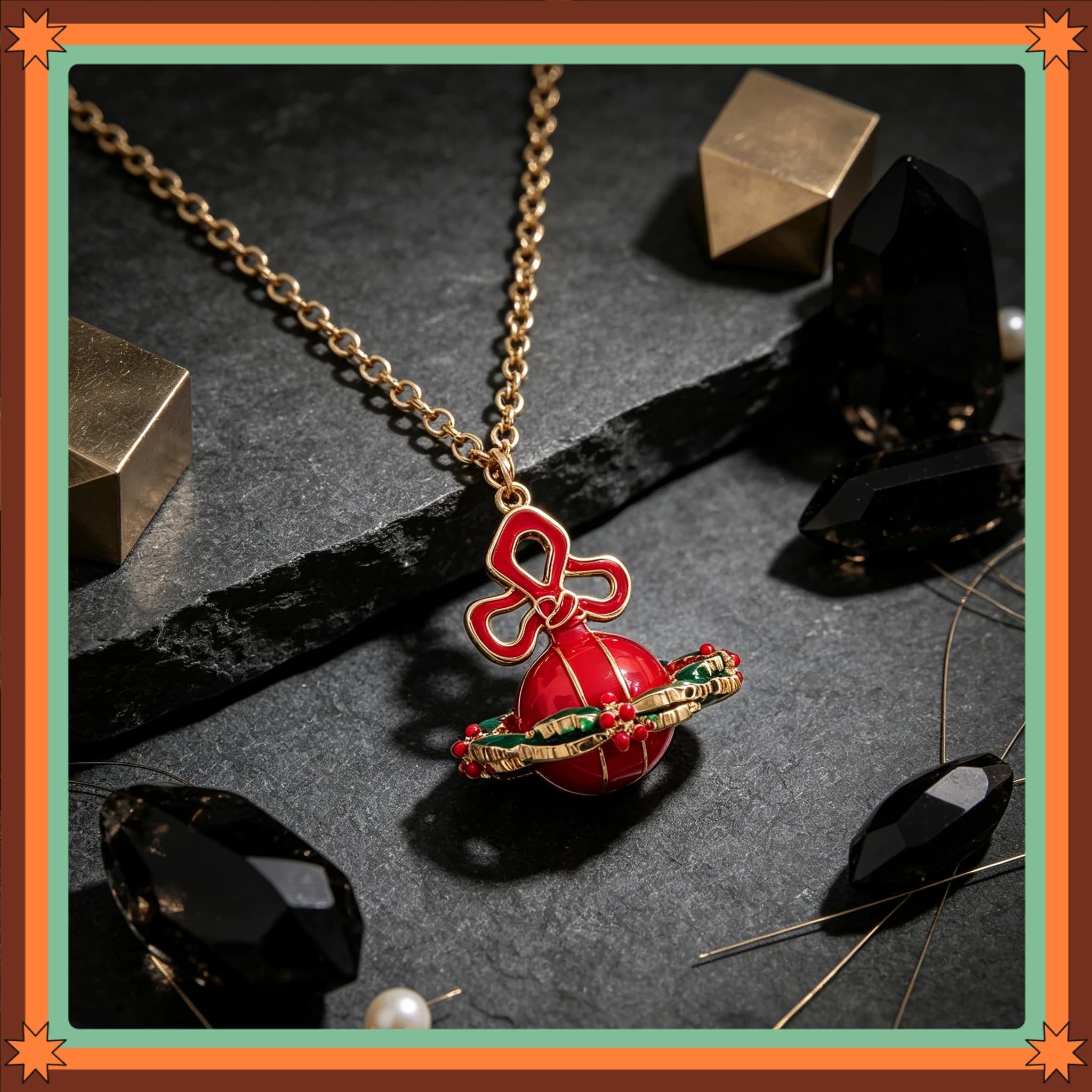 Holiday Bow Holly Berry Planet Necklace Red Green Enamel 3D Orb Gold Plated Thin Chain Xmas Gift Dainty Daily Necklace