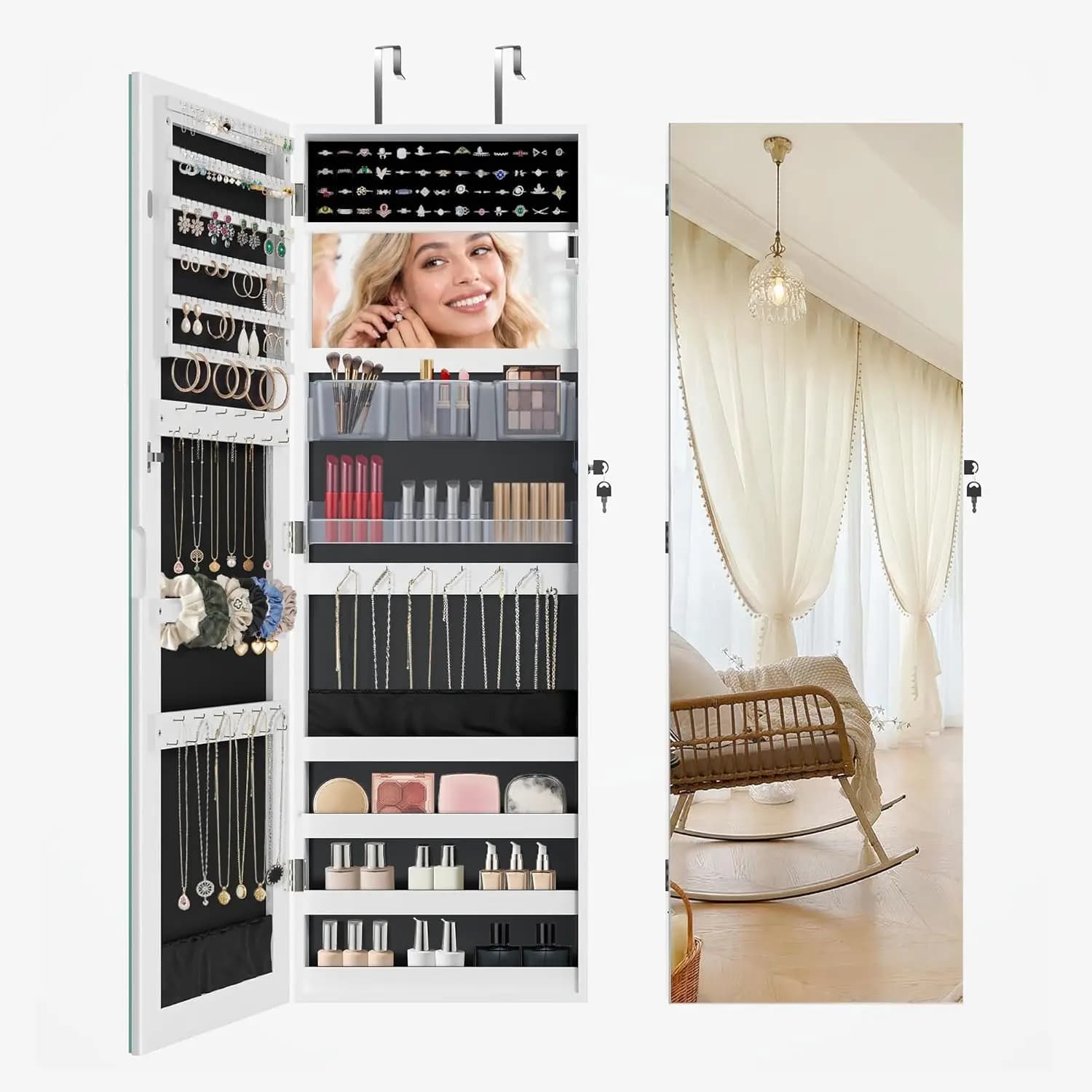 Full Length Mirror Jewelry Organizers and Storage Cabinet,Necklace Ring Earring, and Makeup Storage Lockable Gift Armoire, White.