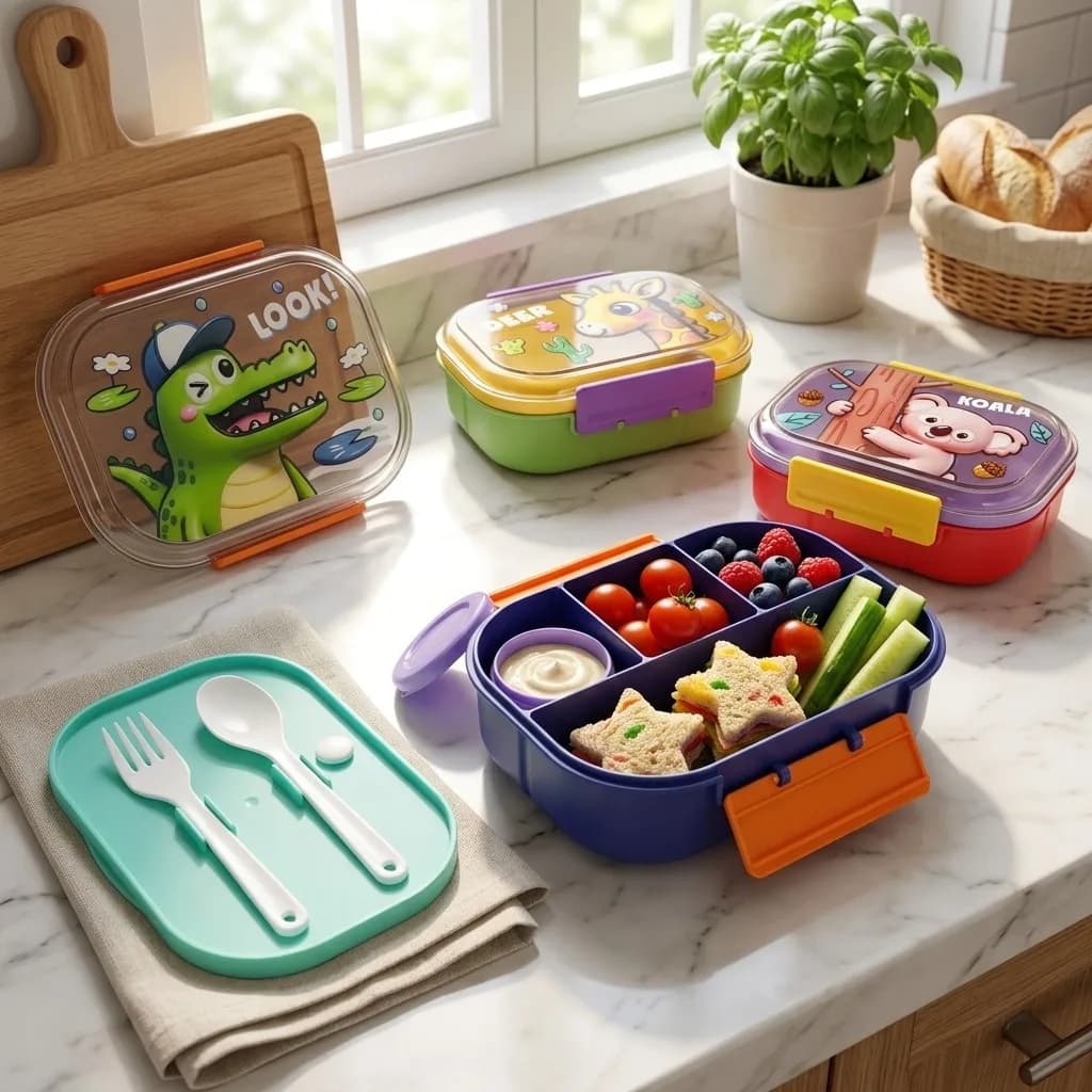 Cute Cartoon Kids Lunch Box 4 Compartment Bento Box with Cutlery Microwave Safe Plastic Food Storage Container School Snack Box