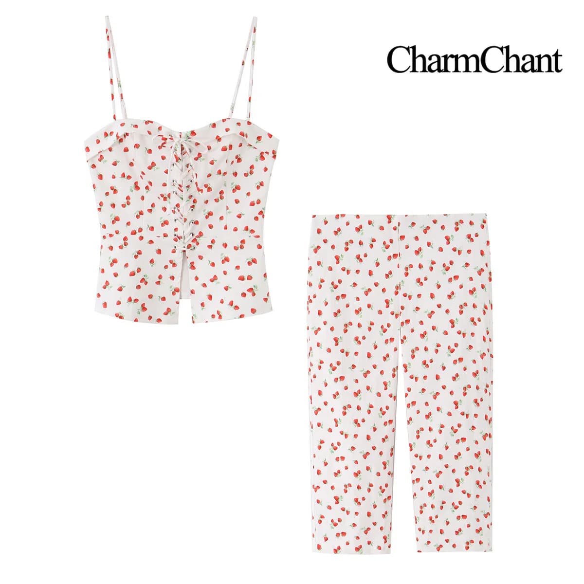 CHARMCHANTWomen's Cherry Print Two Piece Set Tie Spaghetti Strap Crop Cami Top Capri Pants Casual Beach Vacation Summer 2026