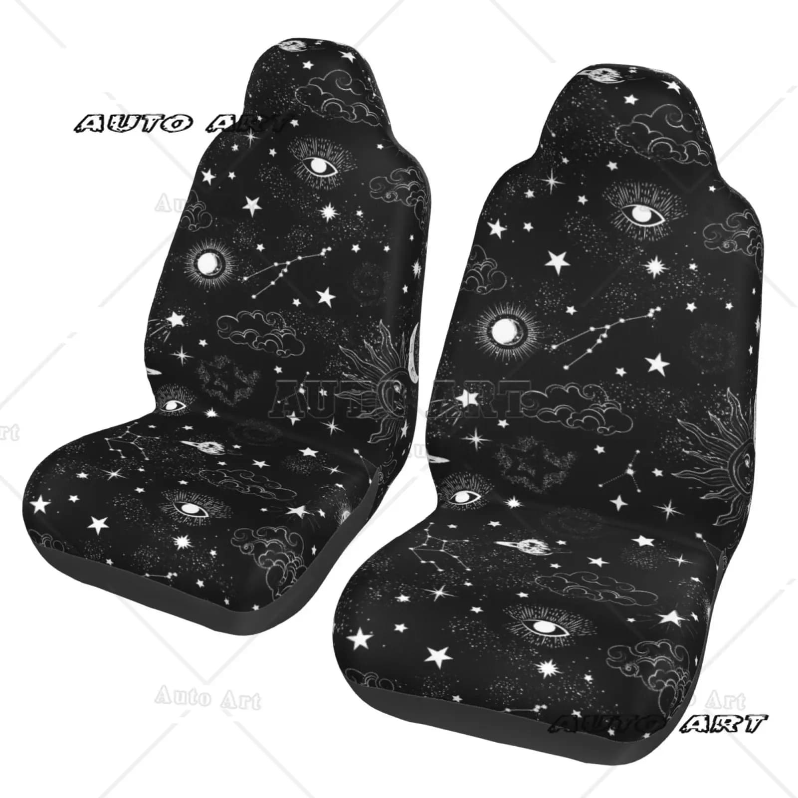 Set di 2 Coprisedili Universali per Auto con Stampa Tarocchi Costellazioni in Bianco e Nero, Adatti a Tutti i Tipi di Sedili