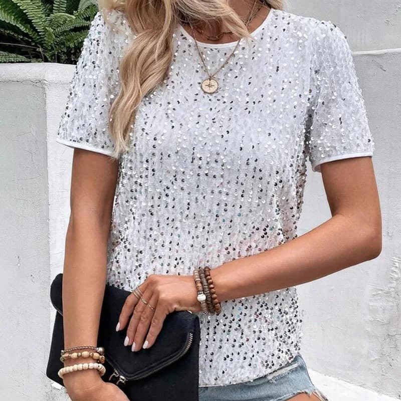 Summer Sequin T Shirt Women Fashion Solid Color All-match O Neck Short Sleeves T Shirts Tops Trendy Streetwear Lady Tees Top