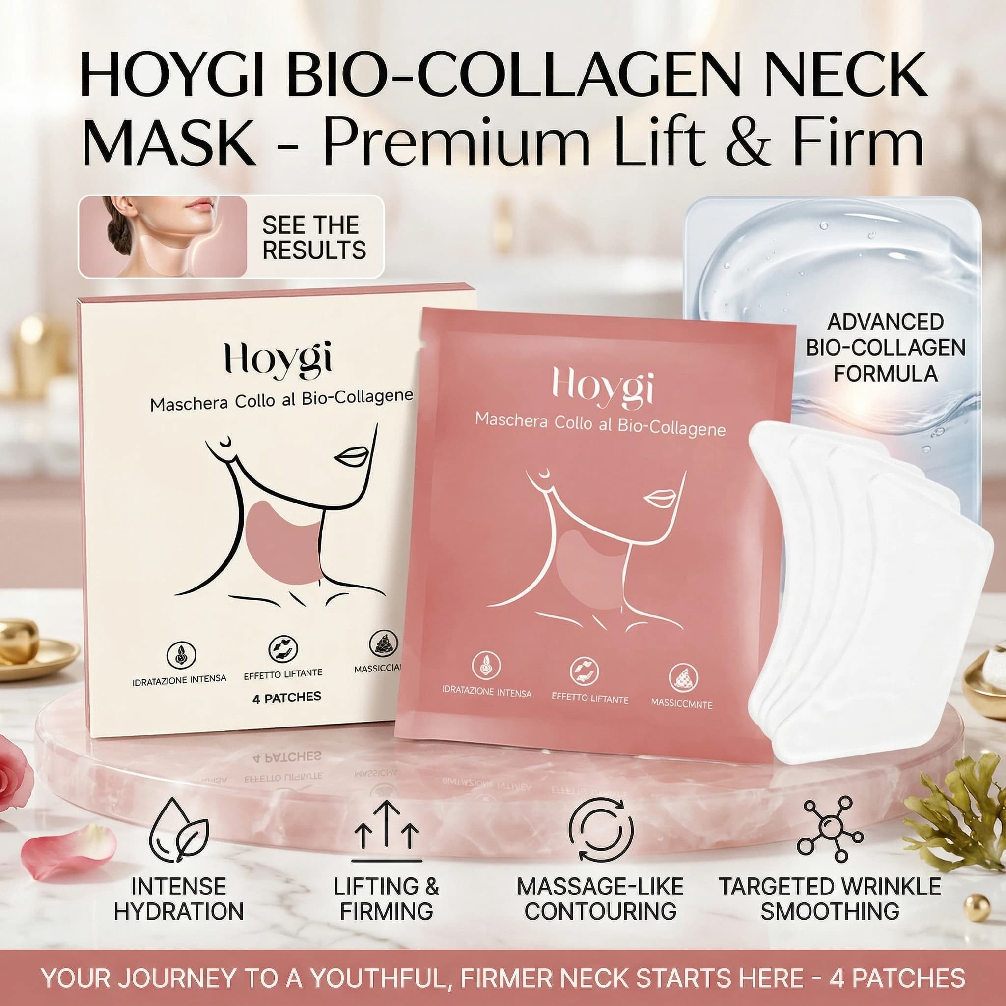 Mask for the Collo al Bio-Collagene Anti-Rughe, Reduces the Subtle Lines, Hydrating, Illuminating, Improves Double Menu, Skin Care Products
