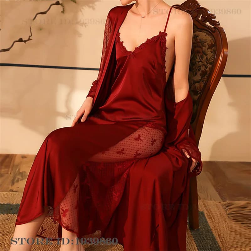 Long wedding dress bordeaux wedding dress, set of sexy patchwork dresses in lace chemise, night shirt, nightwear, female kimono, bathrobe, home clothes