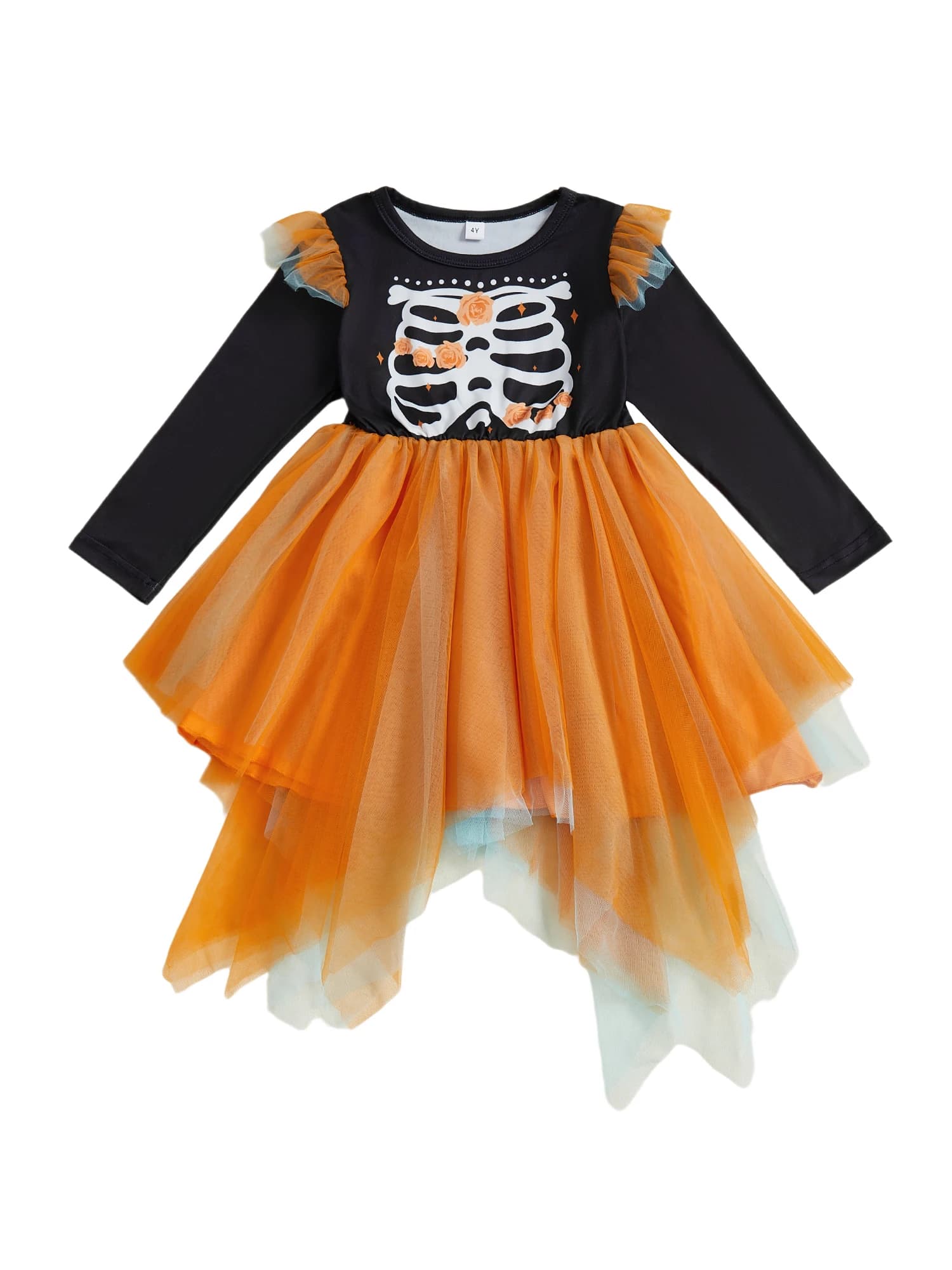 Abito da ragazza in tulle a maniche lunghe con stampa scheletro di Halloween con design elegante per bambini piccoli e bambini Costume alla moda per feste