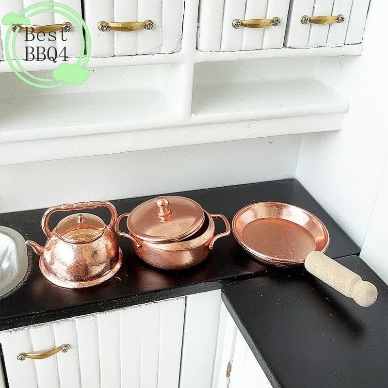 (BBQ4) Set di pentole e accessori da cucina in miniatura 1/12 per casa delle bambole, decorazione per cucina e scena di vita delle bambole