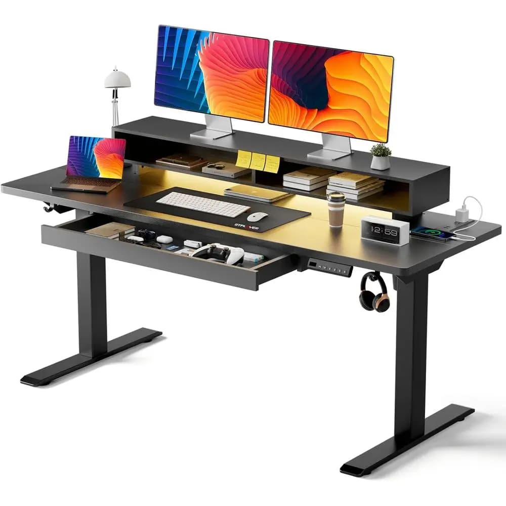 Height-Adjustable Standing Desk, 55x24 Gaming Desk with Monitor Stand, Power Outlets, LED Lights, Memory Preset (Black)
