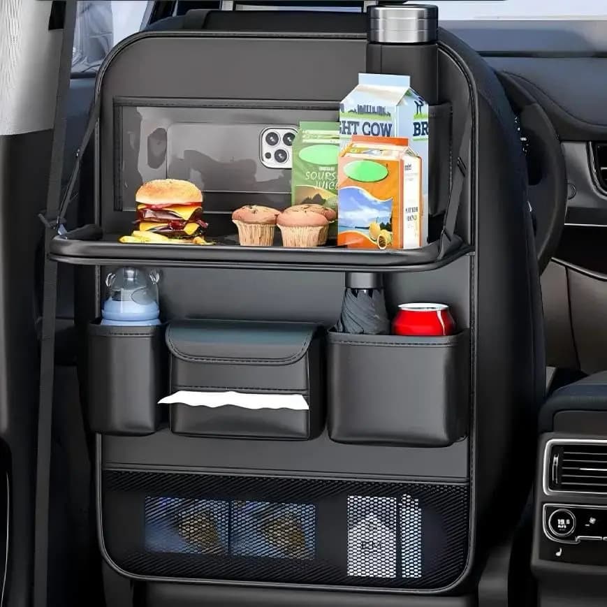 Organizer Multifunzionale per Sedile Posteriore Auto con Tavolino Pieghevole, Borsa Portaoggetti in Pelle PU con Supporto per iPad e Portabicchieri