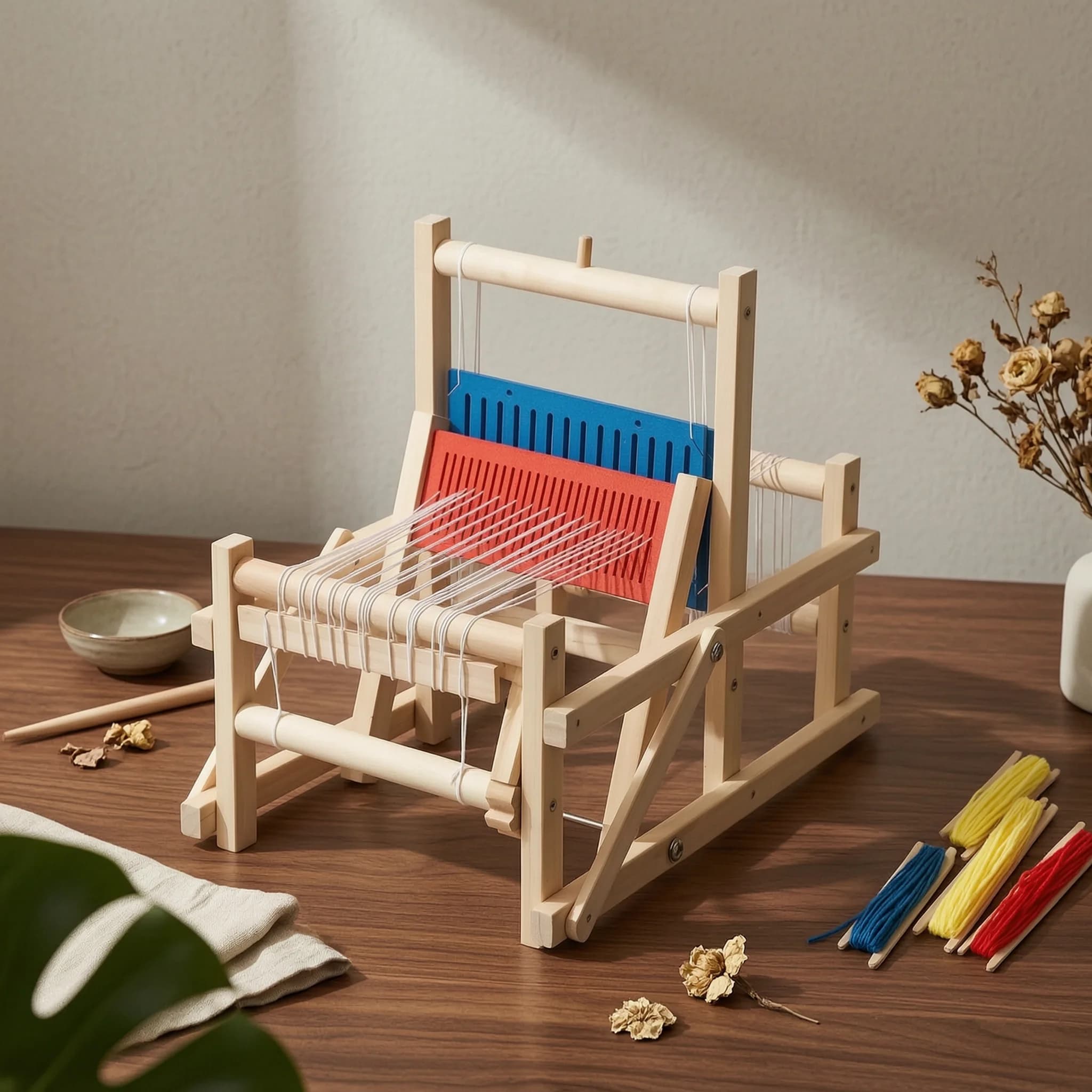 DIY Weaving Loom Toy Natural Wood Wooden Weaving Loom Colored Yarn Slot Board for Children