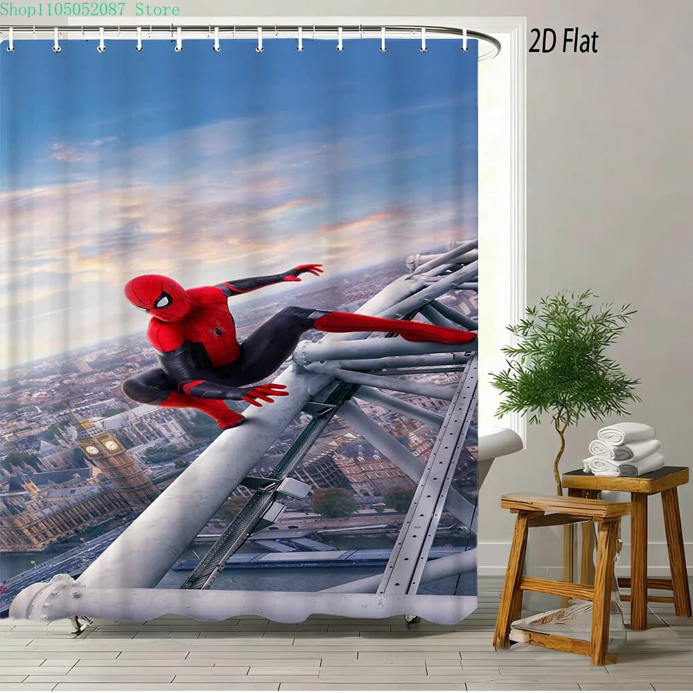 Tenda da doccia impermeabile con Spider-Man sulle monumenti di Londra per l'arredamento del bagno a tema supereroi ✨