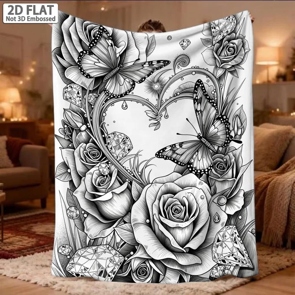 Rose Butterfly Heart Line Art Throw Blanket, Soft Cozy Blanket for Sofa Bed, Versatile Home Decor Gift