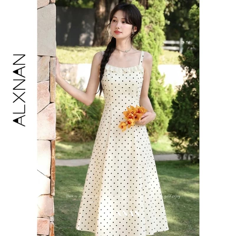 ALXNAN Polka Dot Long Dress Square Neck Elegant Lace Edge Holiday Beach Sleeveless Dress Elegant Female Clothing DYL6625606-1
