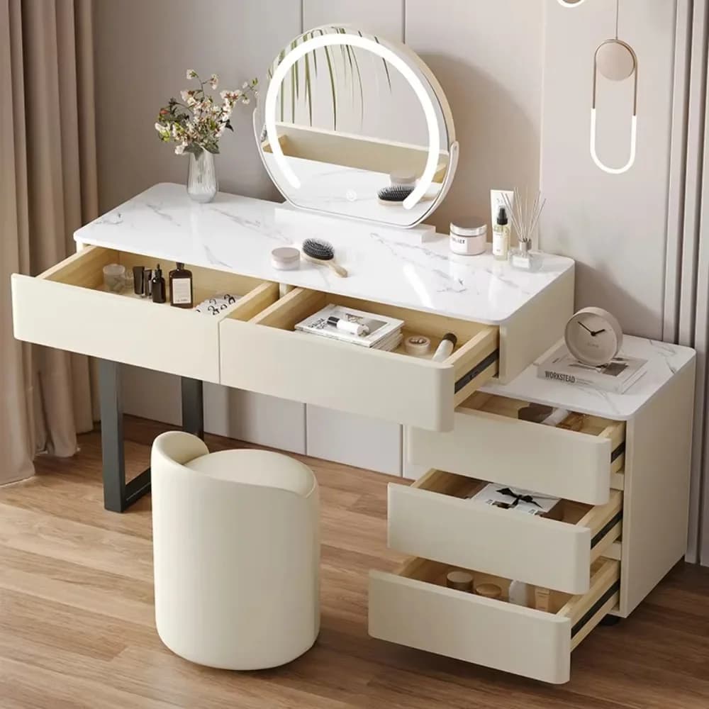 Toeletta Multifunzione Illuminata con Specchio LED, Design Moderno per Camera da Letto e Bagno, Pannello in MDF, Struttura in Legno Massello