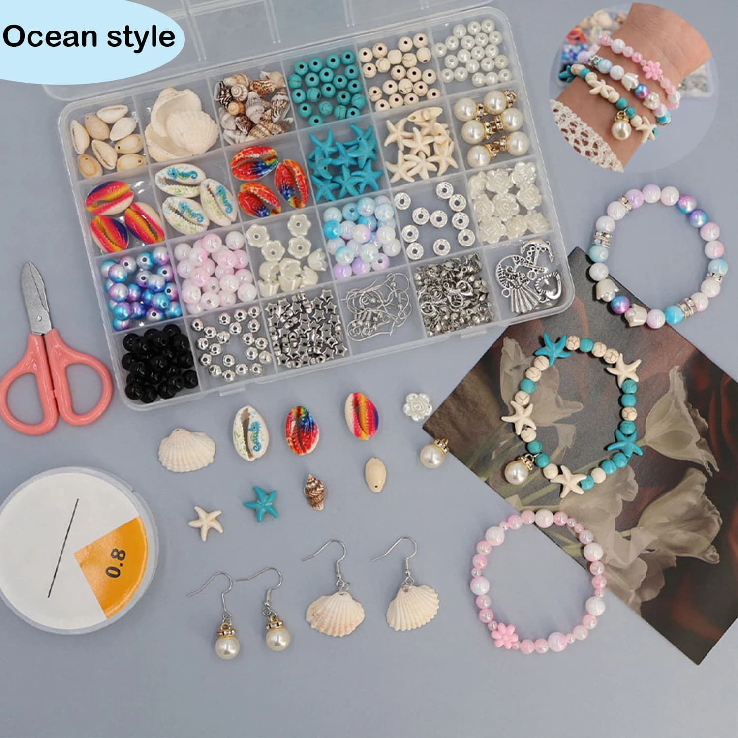 Ocean-themed resin beading set, polymer clay bead DIY kit, handmade friendship bracelet and necklace beading kit, birthday gift.