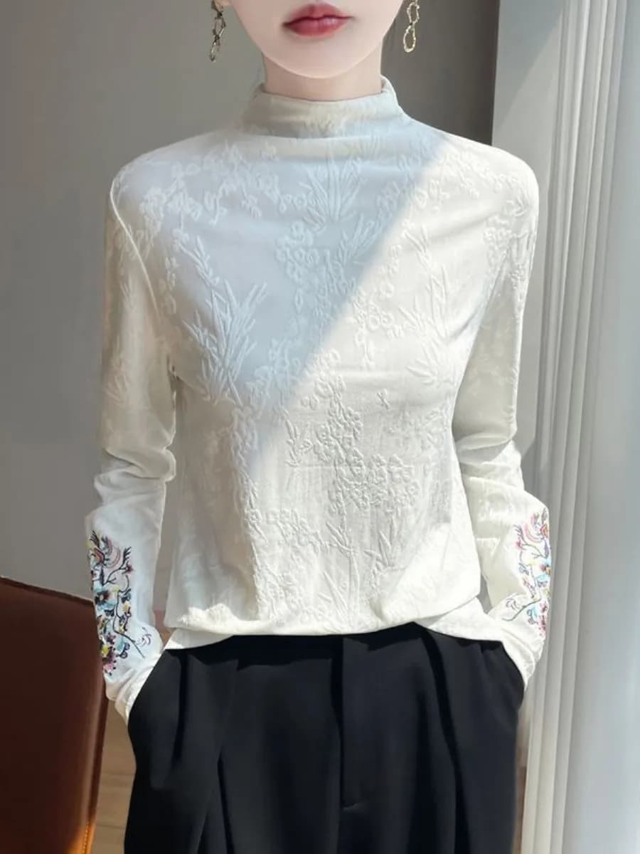 Camicia Base Ricamata Stile Cinese Taglie Forti con Collo Mezzo Alto da Donna, Cappotto Parka a Maniche Lunghe Slimming Autunno Inverno