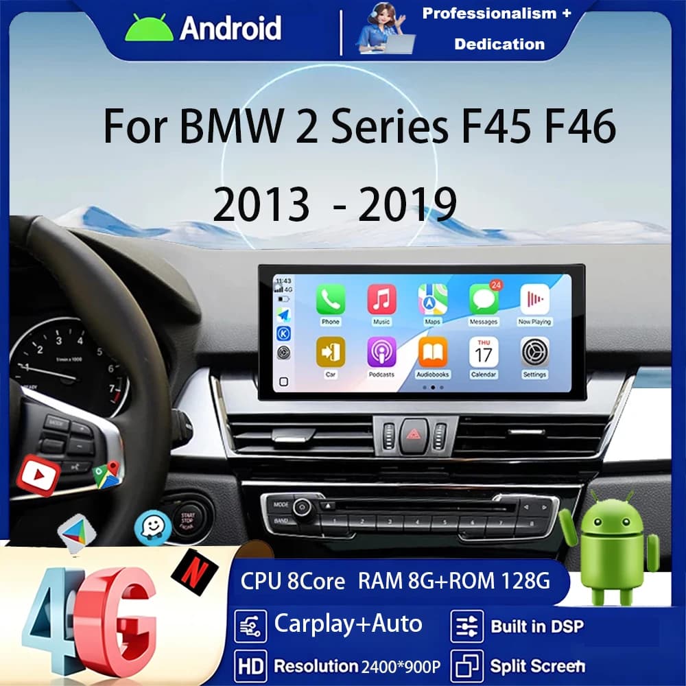 Autoradio Android 16 Lettore Multimediale 4G per BMW Serie 2 F45 F46 2014 - 2018 Sistema NBT EVO Schermo Ultra-sottile Navigazione GPS