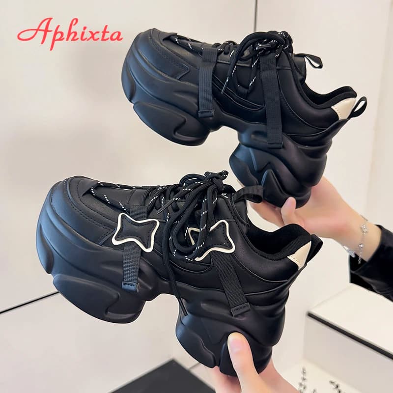 Aphixta Stivaletti classici Moda Stivali da donna con tacco grosso Punta tonda traspirante Primavera Autunno Scarpe da donna Piattaforma Scarpe stringate