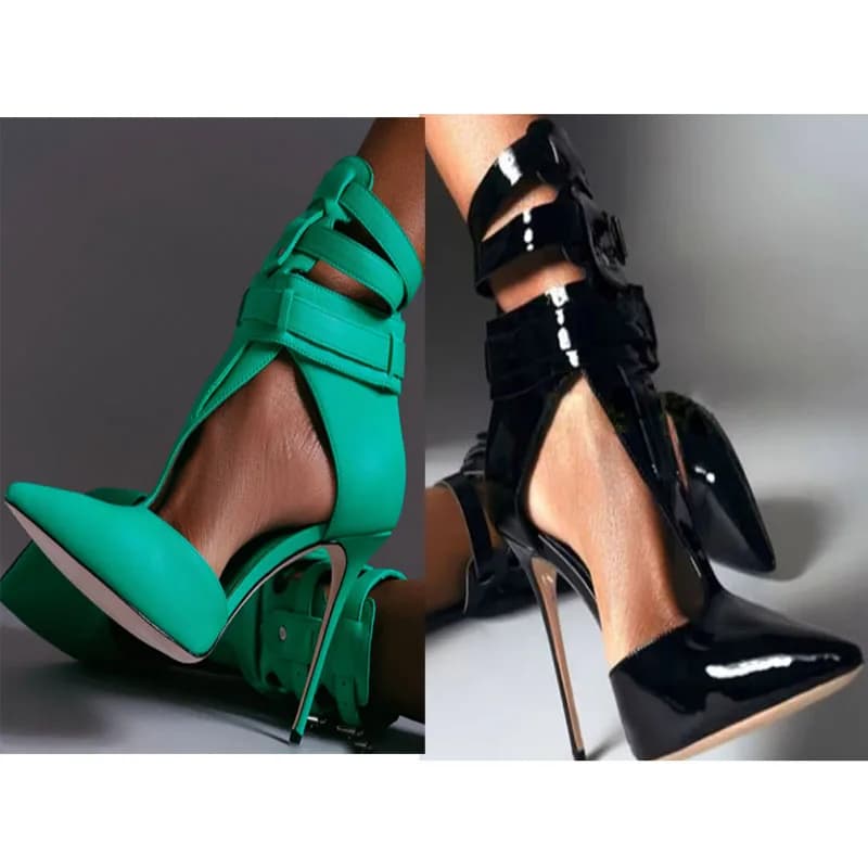 Sexy Black Shiny Green Three Buckle T-Bar Strap Open Toe Sandals Pointed Toe High Heels Woman Club Banquet Shoes