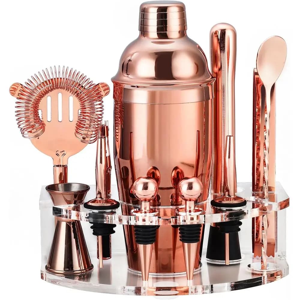 Set da Cocktail in Oro Rosa da 12 Pezzi con Shaker da 750ml, Supporto, Jigger, Colino, Cucchiaio e Muddler per Creare Bevande Perfette
