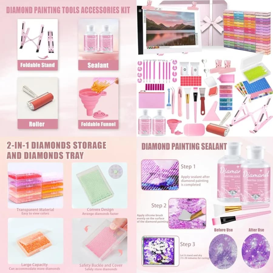 Kit Completo di 185 Pezzi per Diamond Painting, Set di Accessori per Arte con Diamanti, Include Kit Luce LED, Supporto, Puntina Convessa
