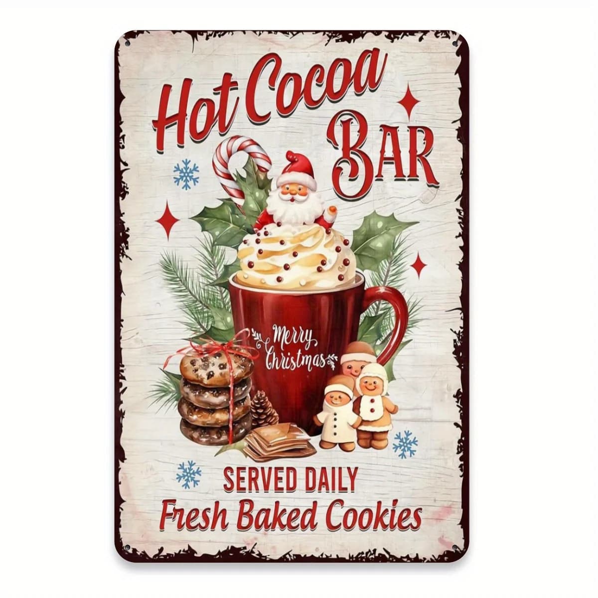 1PC 2D Flat Xmas Hot Cocoa Bar Metal Tin Sign Retro Festive Wall Plaque, Seasonal Decor Board For Dining Room Pub Apartment Hous