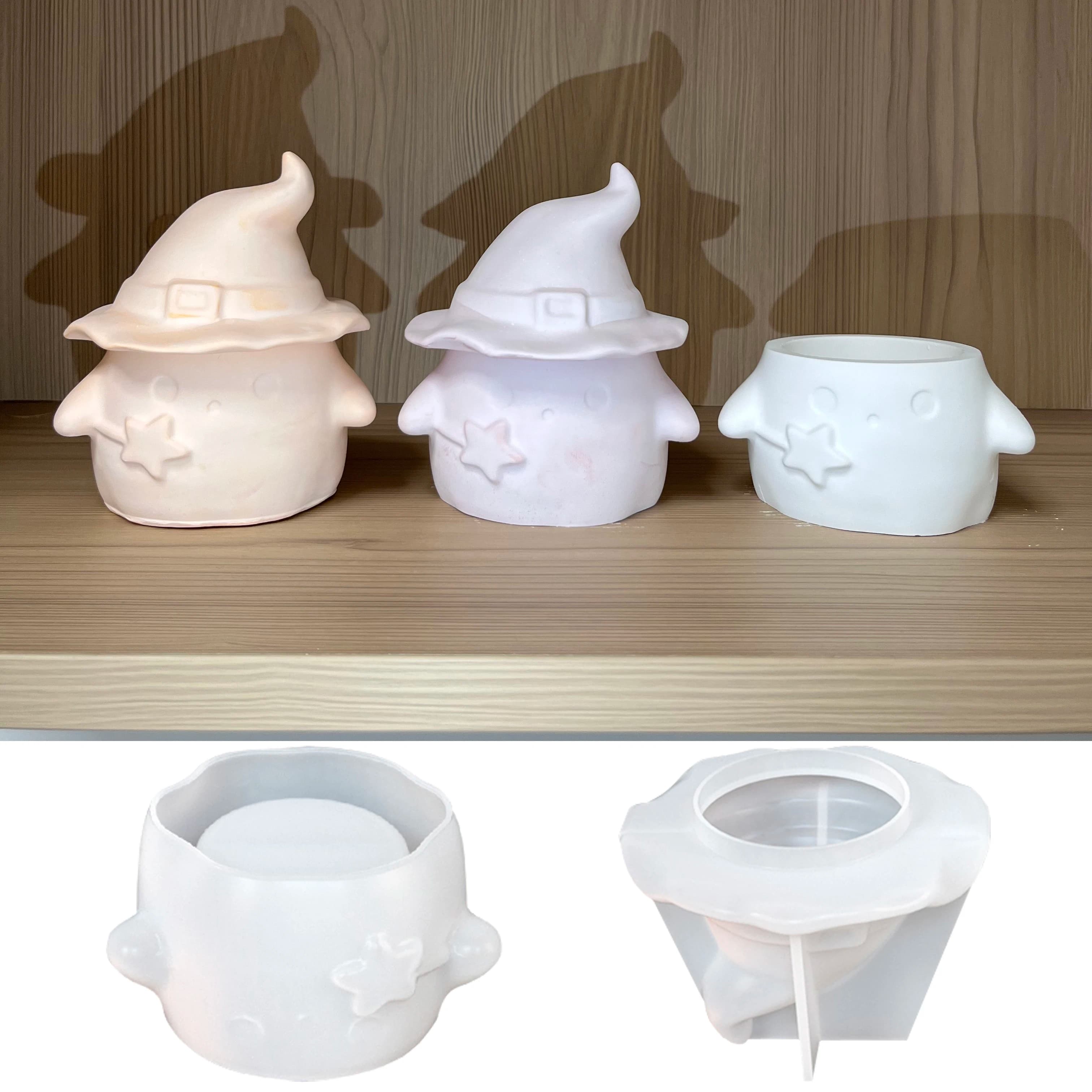 Stampo in resina siliconica fantasma 1PC, scatola di immagazzinaggio fantasma 3D (con design cappello da strega), stampo per barattolo di candeliere in resina epossidica di cristallo fai da te,