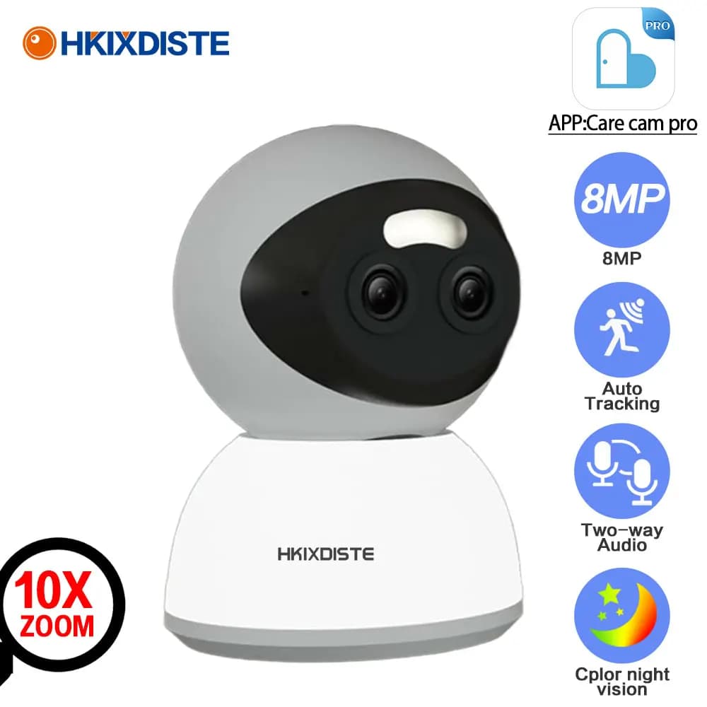 Telecamera IP Wifi PTZ a doppia lente da 8MP Zoom 10X Telecamera di sorveglianza di sicurezza domestica per interni Audio bidirezionale Monitoraggio automatico Baby Monitor Cam
