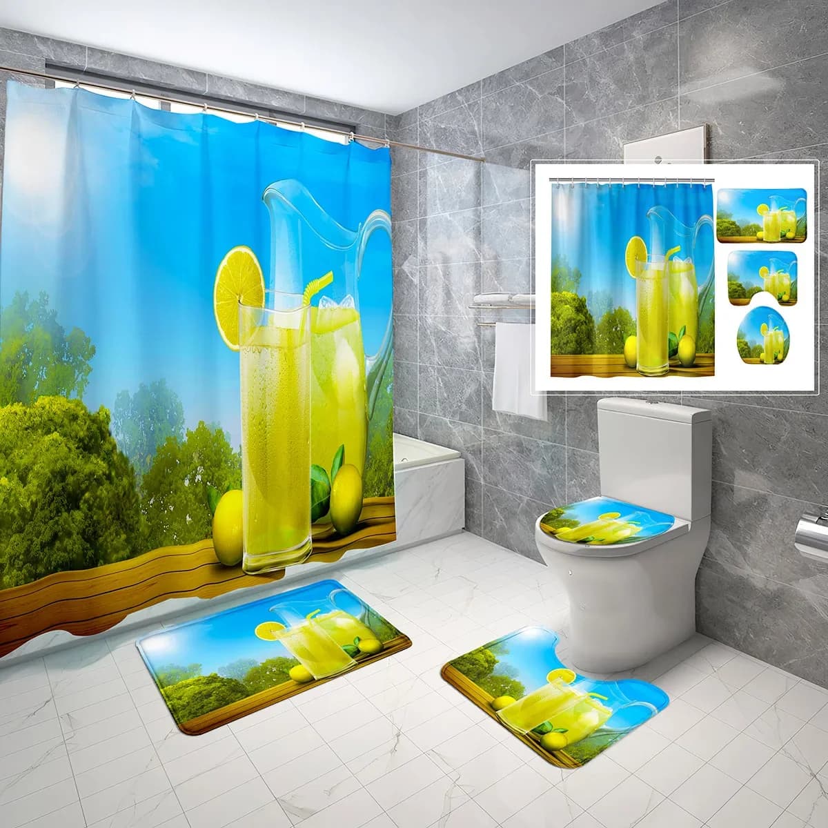 Set da 4 Pezzi con Tema Limone: Tenda Doccia con Ganci, Tappetino Antiscivolo, Copriwater, Set Tenda Doccia con Motivo Frutta Deliziosa