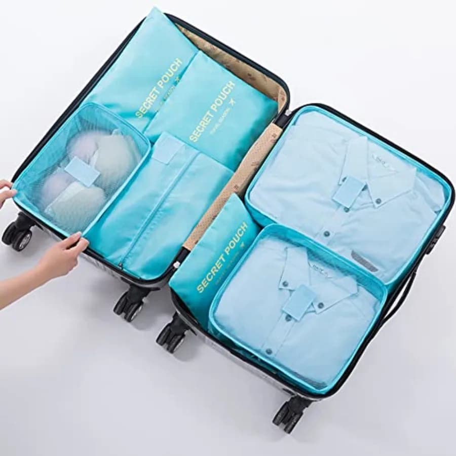 Set of 7 Cubes Organizers for Valves, Foldable Bags for Organizing Baggage, Accessories for Valves with Bag for Shoe Bag, Blue